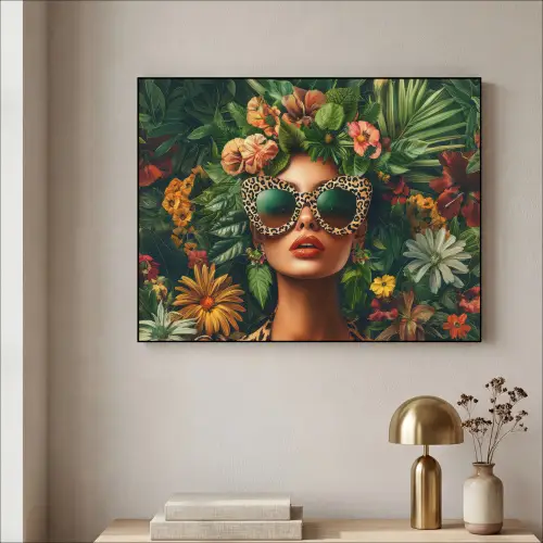 Vrouw - Panterprint - Jungle - Natuur - Luxe Textielframe zwart klein -sfeer2