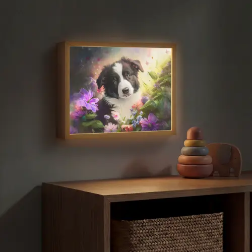 Puppy - Zon - Bloemen - Natuur - Bordercollie - Hond Light Box met batterij (Wandlamp kind) middel -sfeer5_kind