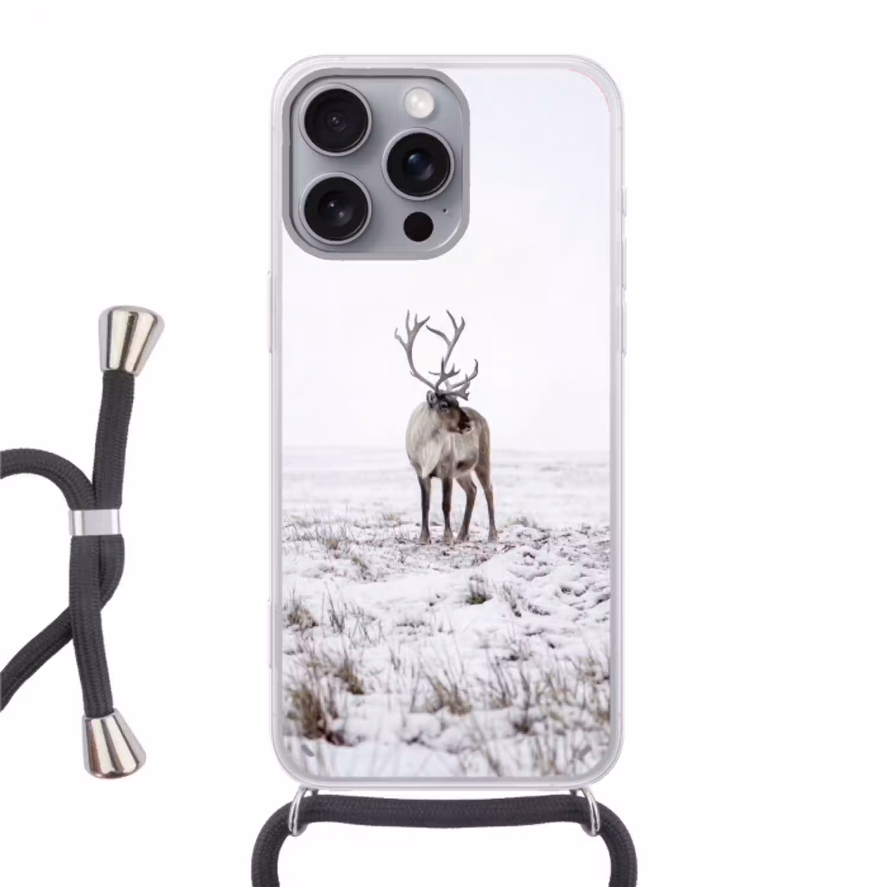 Rendier - Gewei - Sneeuw - Winter Hoesje iPhone 16 Pro Max met koord klein -3d