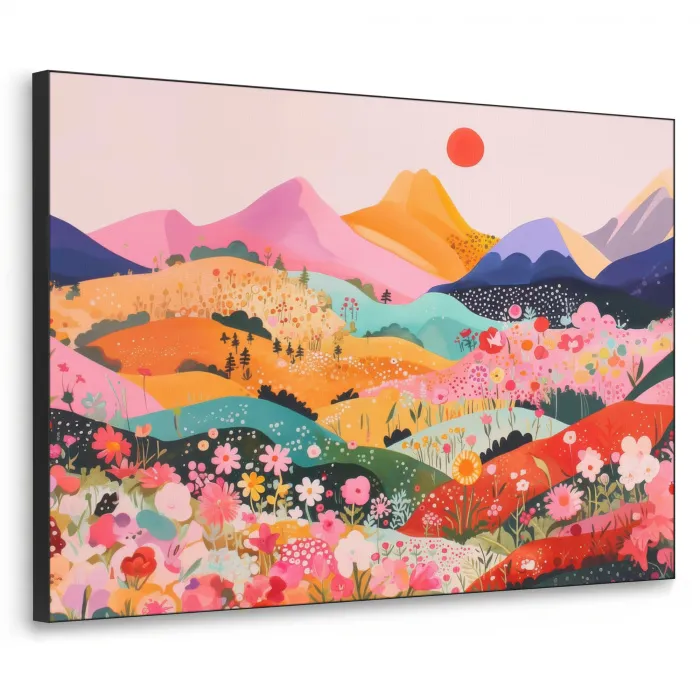 Kleurrijke bloemen - Bergen - Fantasielandschap Textielframe zwart klein -3d