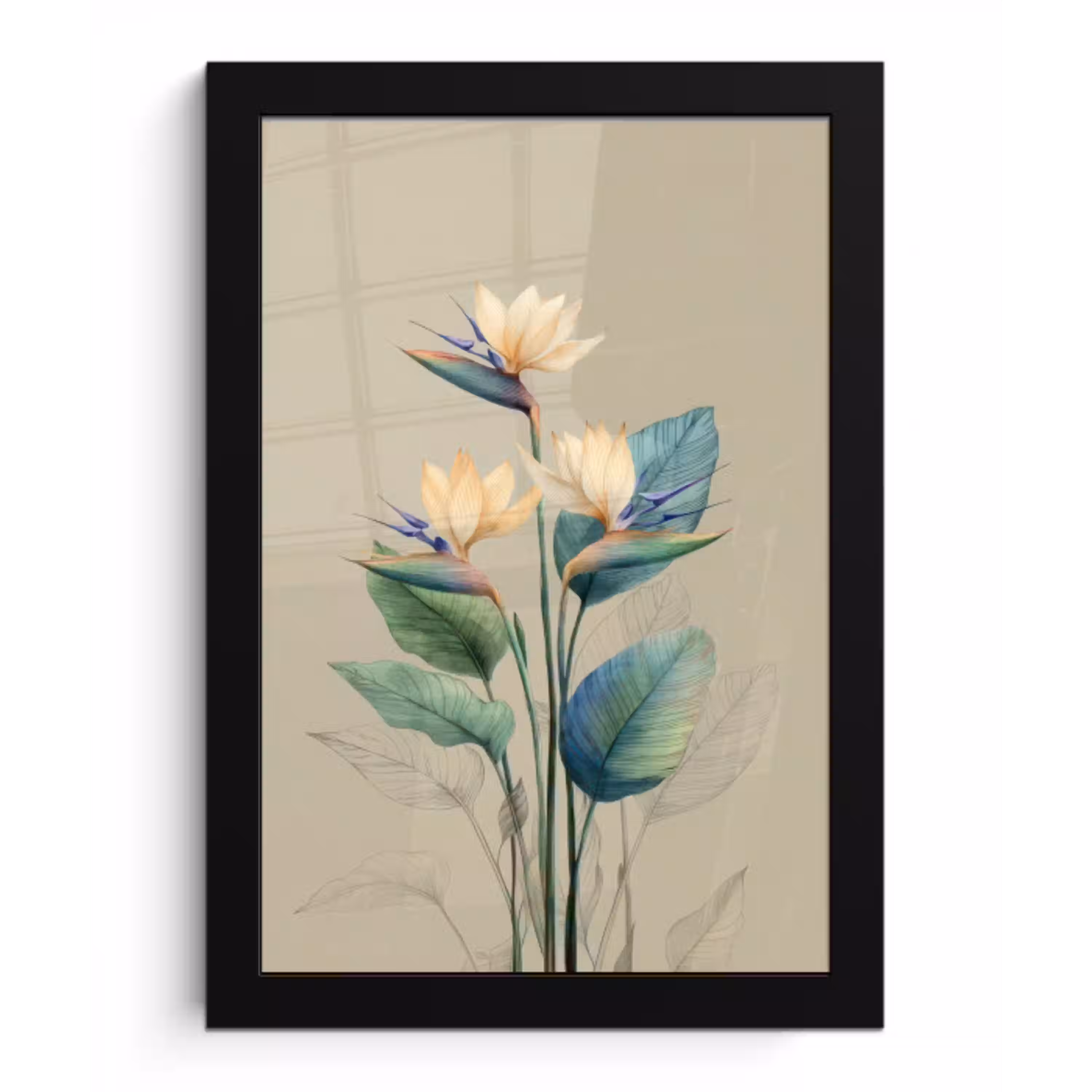 Paradijsvogelbloemen - Blauwgroene bladeren - Beige fotolijst zwart zonder passe partout klein -3d