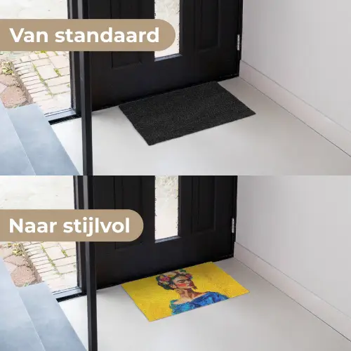Frida Kahlo - Vrouw - Geel - Blauw - Bloemen Deurmat klein -voor-na_NL