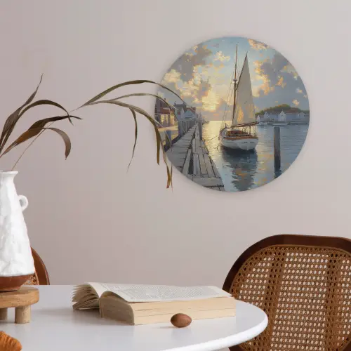 Zeilboot - Zon - Pier - Hout Akoestische PET Vilt - Rond klein -sfeer3
