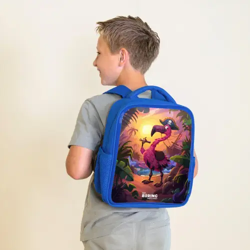 Piraten flamingo op een tropisch pad Kinderrugzak - Blauw middel -sfeer2