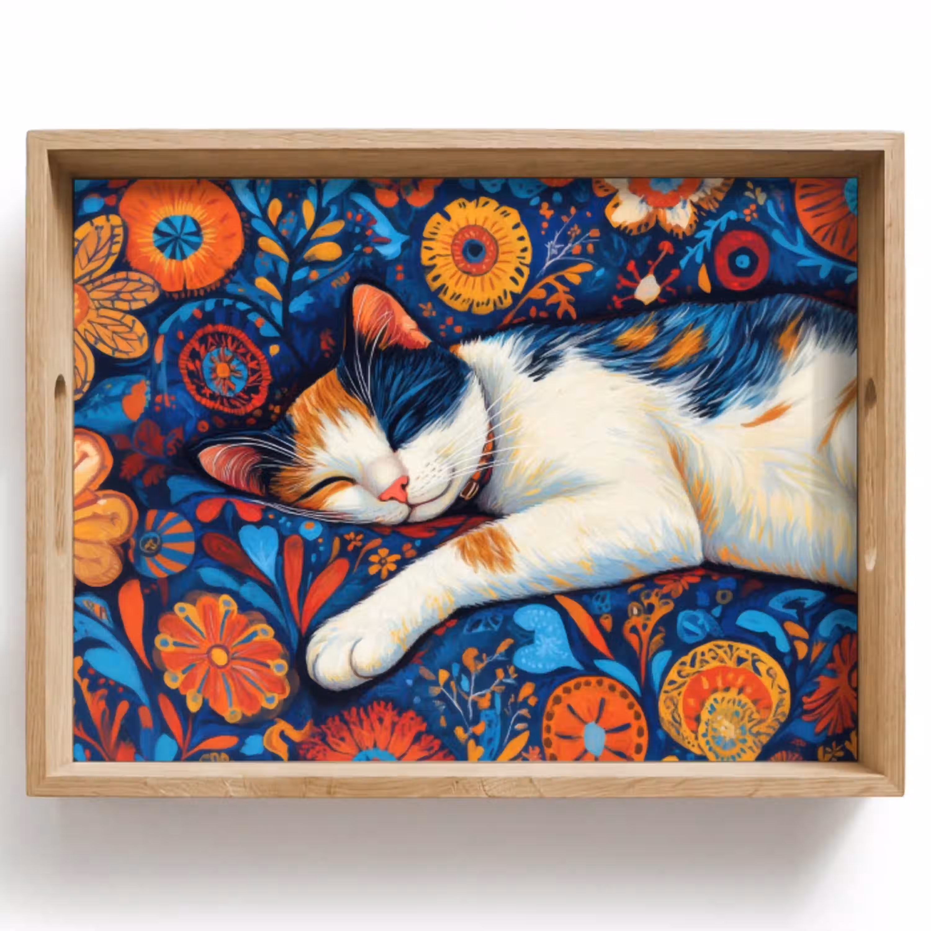 Kat - Bloemenpatroon - Blauw - Oranje Dienblad Rechthoek middel -z3d_shopping