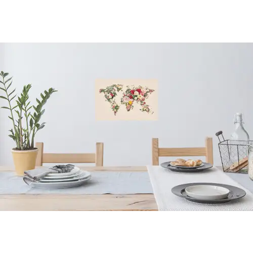 Wereldkaart - Bloemen - Roze Muursticker klein -eettafel