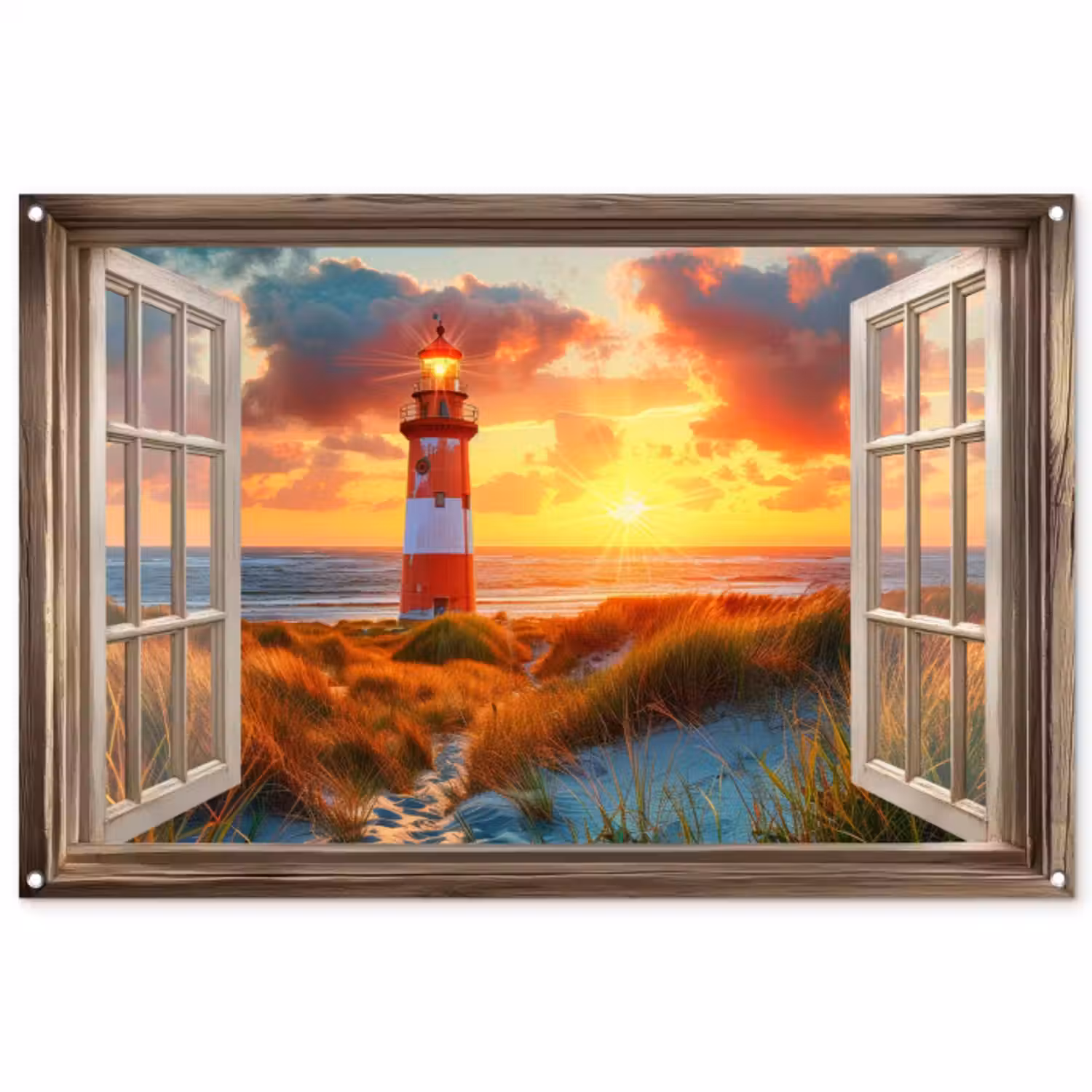 Tuinposter - Doorkijk - Raam - Vuurtoren - Zonsondergang - Strand