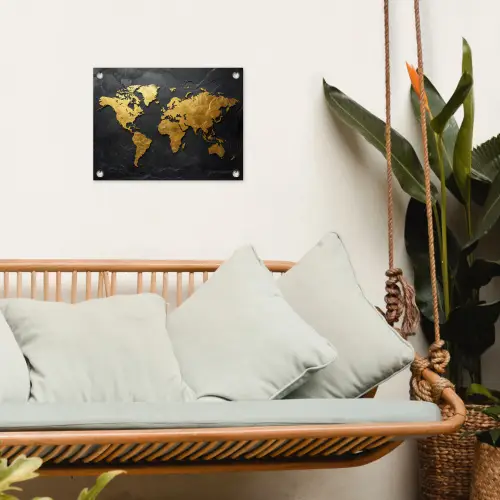 Wereldkaart - Goud - Steen tuinposter los doek klein -sfeer7