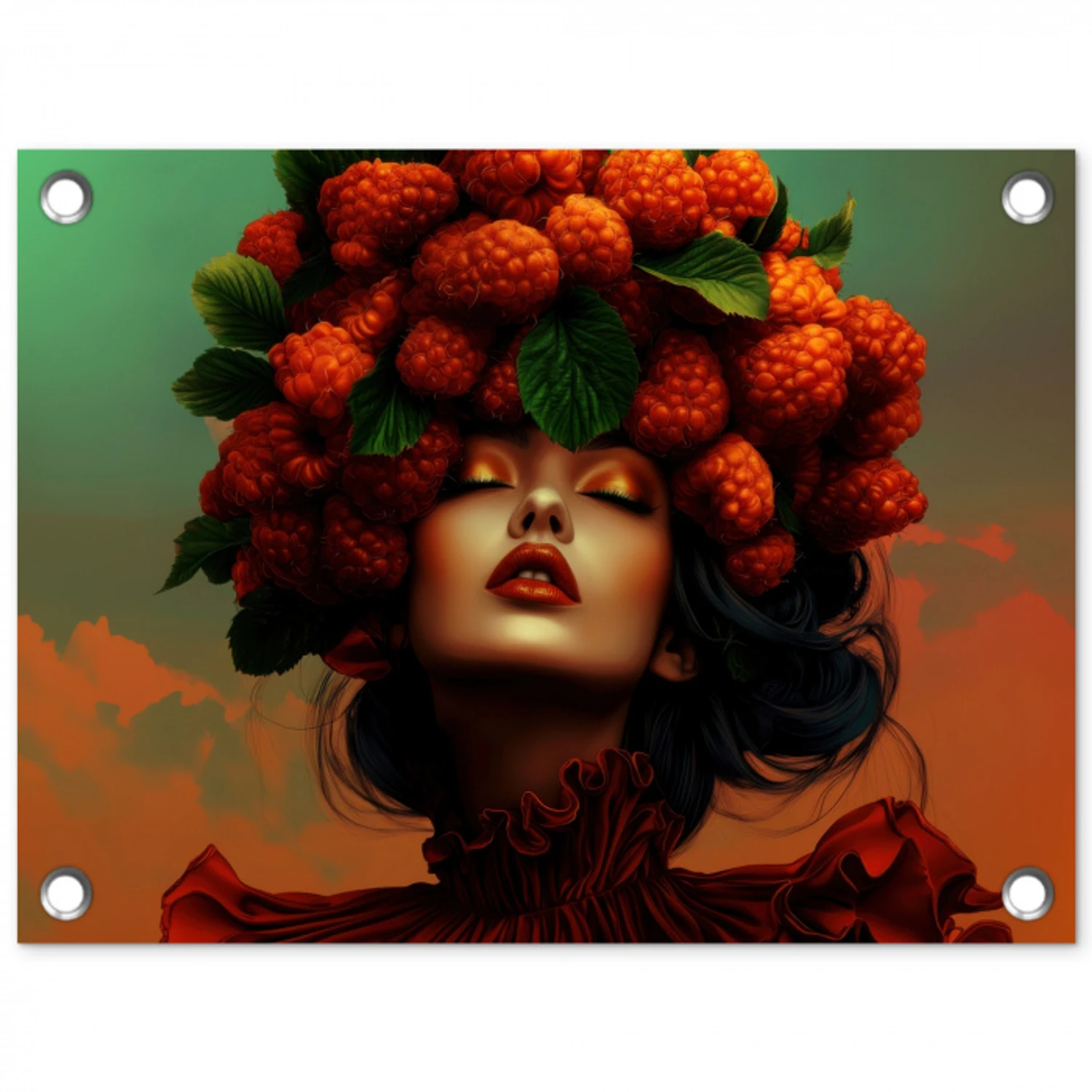 Vrouw - Frambozen - Bladeren tuinposter los doek klein -3d