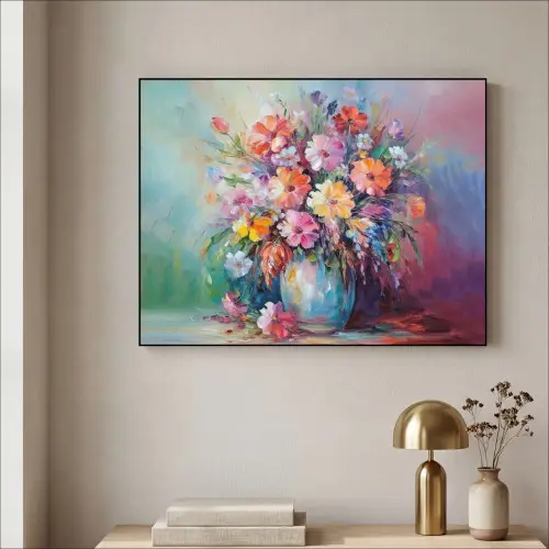 Bloemen - Kunst - Schilderij - Lente - Boeket Textielframe - compleet frame klein -sfeer2