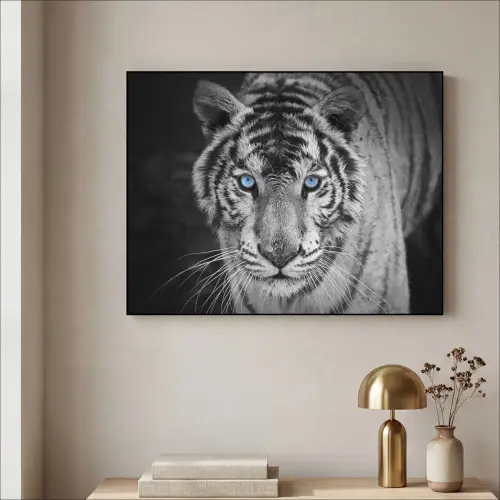 Tijger - Dier - Zwart - Blauw - Modern Textielframe zwart klein -sfeer2