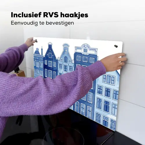 Aquarel - Grachtenpanden - Delfts - Blauw Inductie beschemer met haakjes klein -ky-ophangen-nl