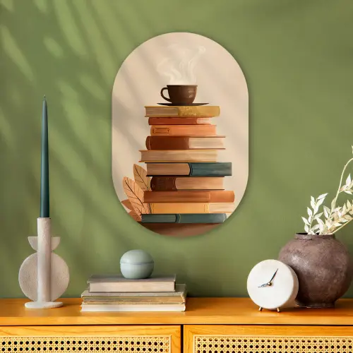 Boeken - Toren - Koffie - Beige Wandcirkel Ovaal Forex klein -sfeer2