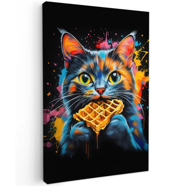 Kat - Graffiti - Kleurrijk - Wafel - Eten Tuinposter op houten frame 2 cm dik klein -3d