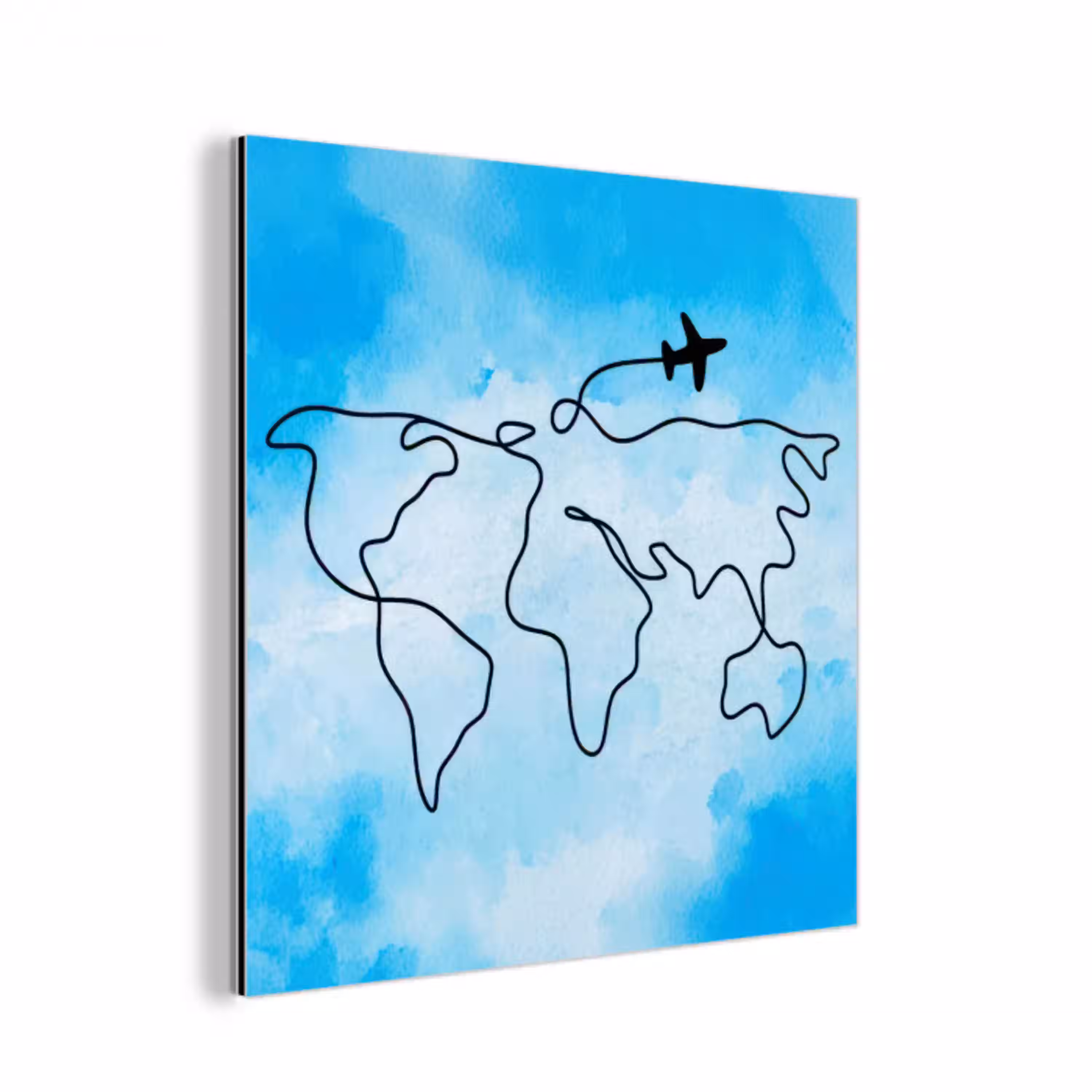 Aquarel - Blauw - Wereldkaart - Vliegtuig aluminium wit klein -3d