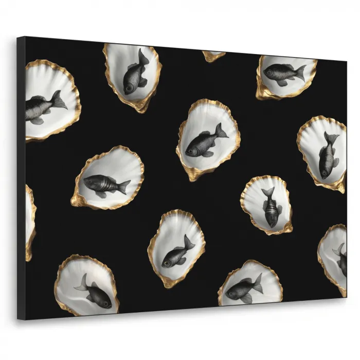 Oesters - Zwart - Vissen - Goud Textielframe zwart klein -3d