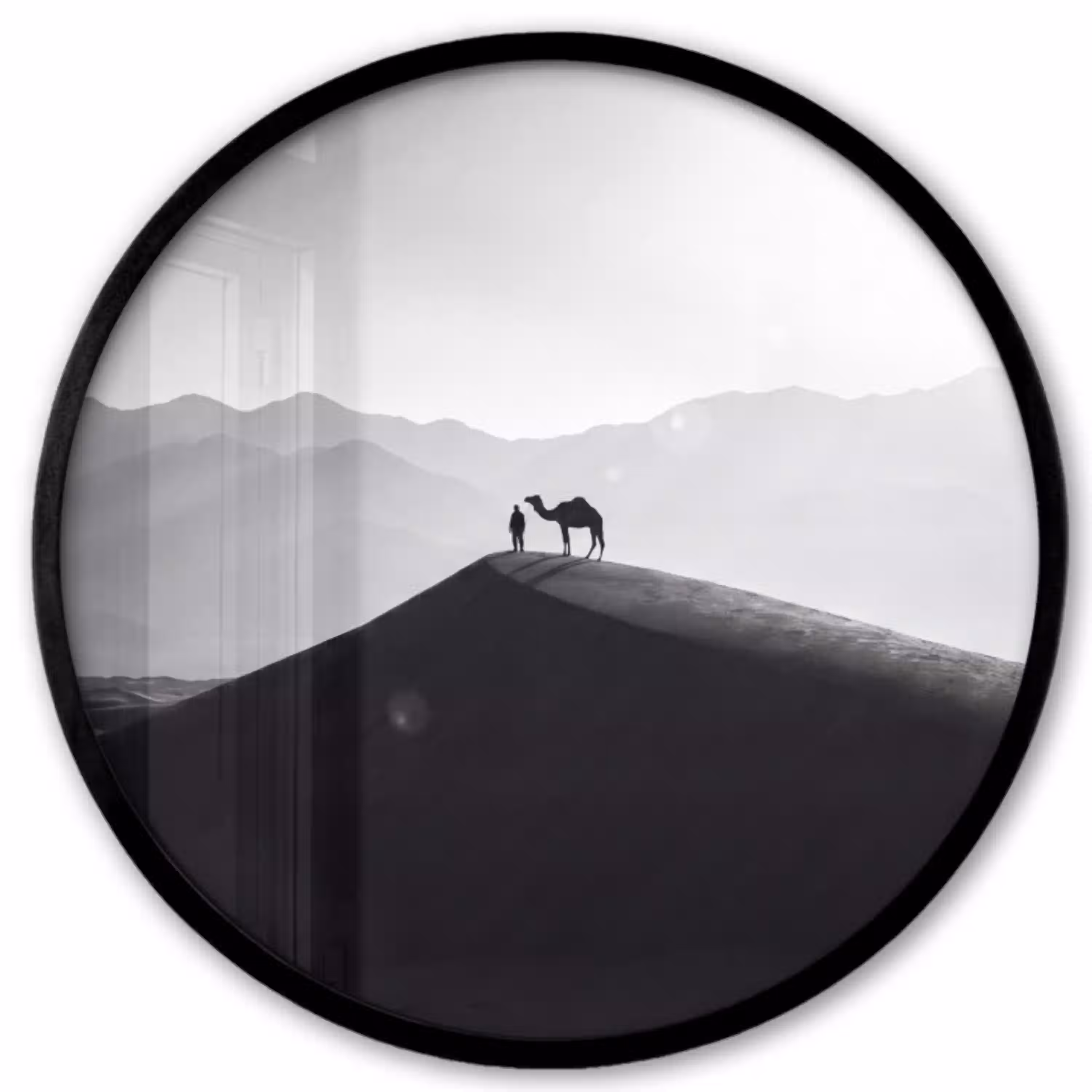Mens - Kameel - Zandduin - Natuur - Monochroom Fotolijst rond zonder passe partout klein -3d