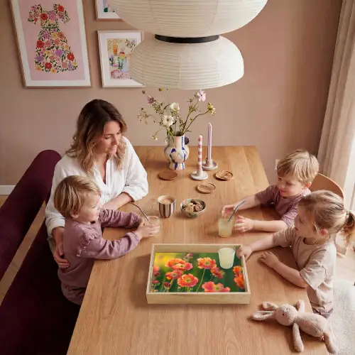 Bloemenveld - Zonnestralen - Oranje Dienblad Rechthoek middel -sfeer4