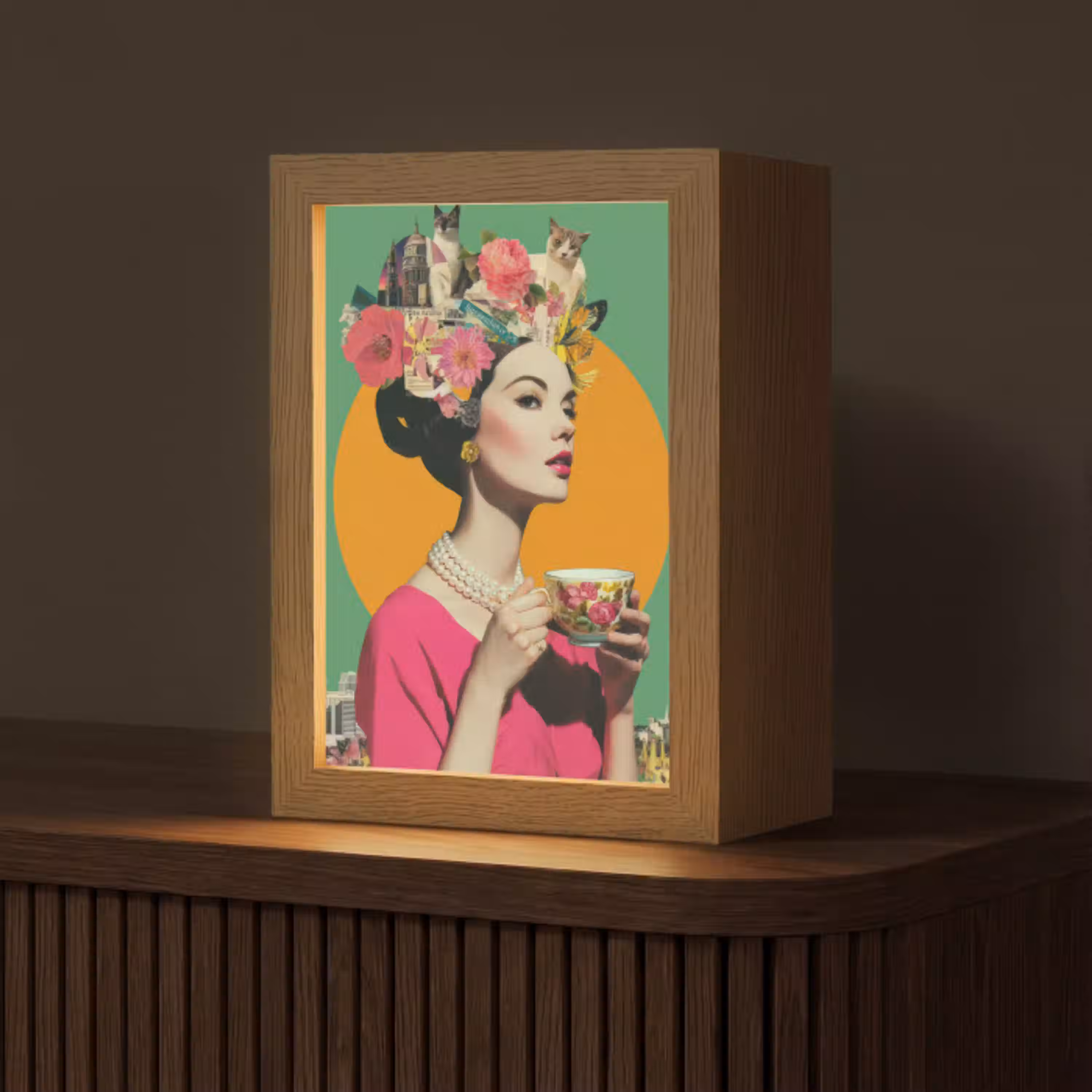 Retro - Vrouw - Stad - Zon Light Box met kabel (Tafellamp) klein -z3d_website
