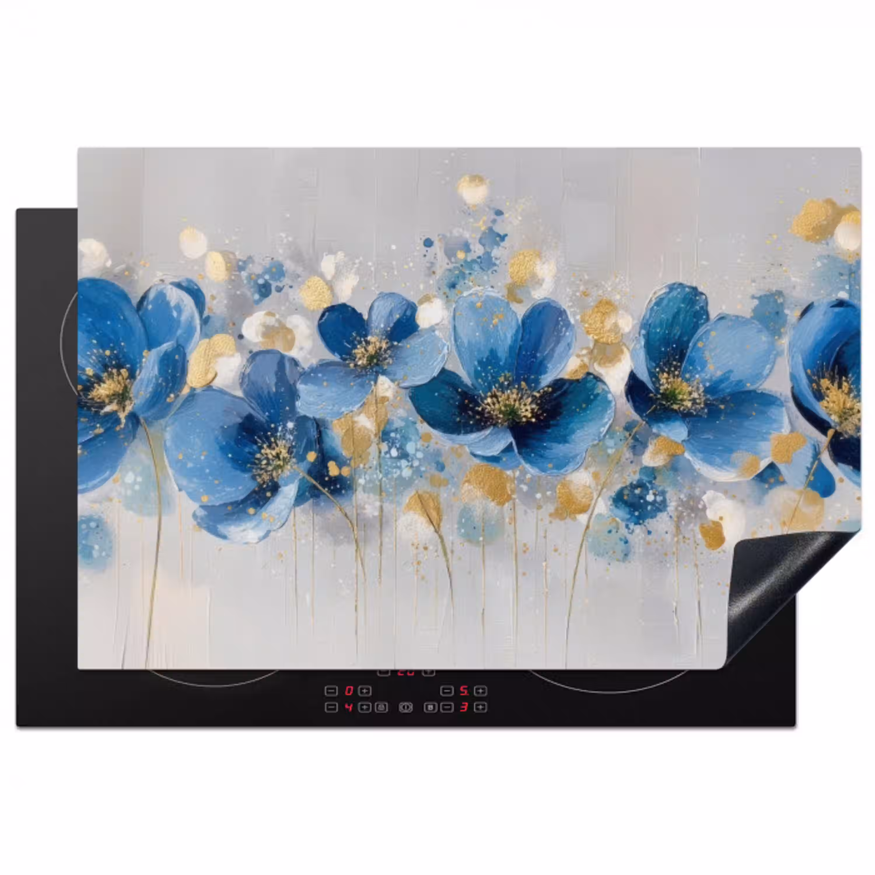 Bloemen - Blauw - Abstract Inductie beschermer vinyl 3mm klein -3d