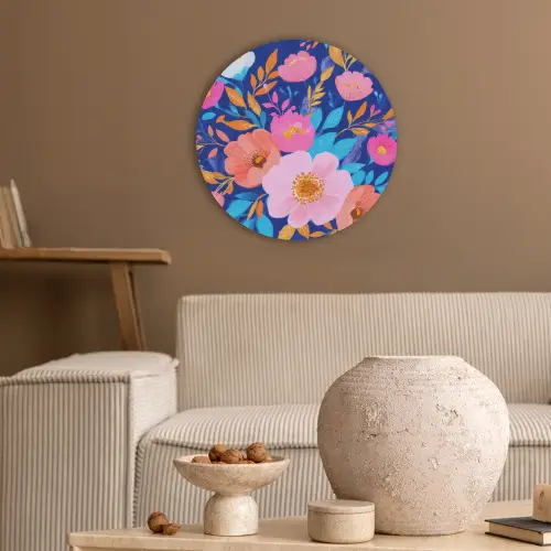 Bloemen - Blauw - Roze Akoestische PET Vilt - Rond klein -sfeer1