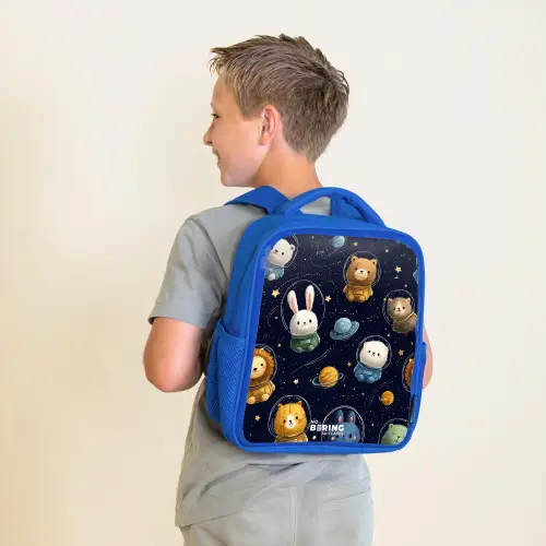 Dieren - Astronaut - Planeten - Sterren Kinderrugzak - Blauw middel -sfeer2