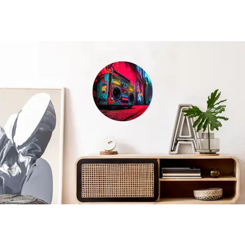 Boombox - Rood - Graffiti - Neon Wandcirkel aluminium klein -kantoor