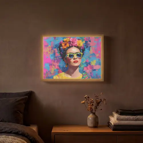Vrolijk portret - Vrouw - Bloemenkroon Light Box met batterij (Wandlamp) middel -sfeer4