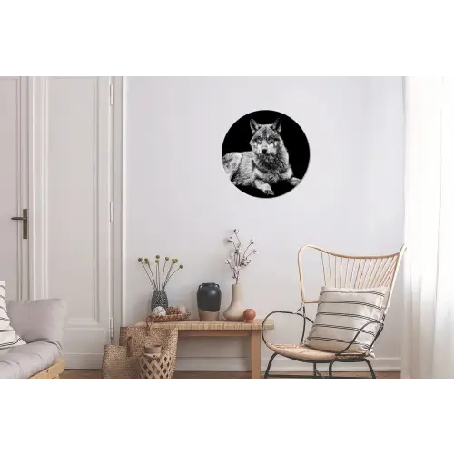 Wilde dieren - Wolf - Zwart - Wit Wandcirkel aluminium klein -woonkamer