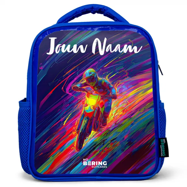 Rugzak kind met naam - Blauw Crossmotor - Neonkleuren - Lijnen - Helm