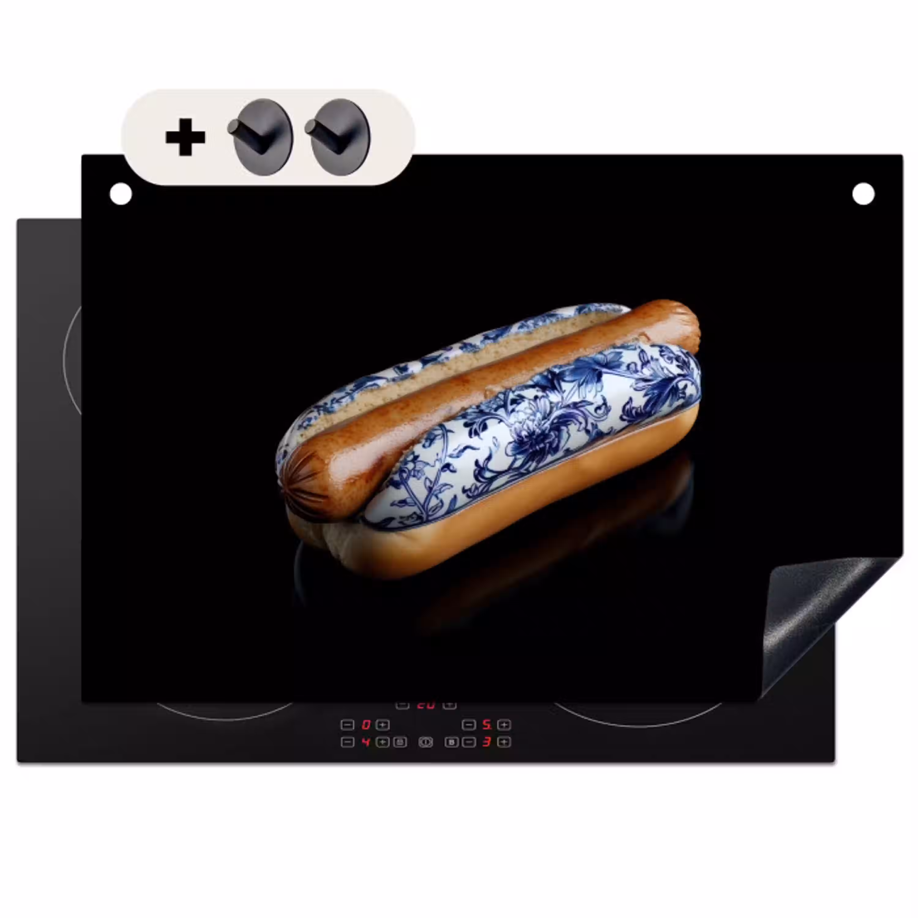 Hotdog - Porselein - Delfts blauw - Eten Inductie beschemer met haakjes klein -3d