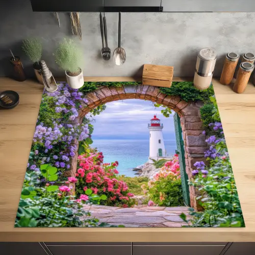 Doorkijk - Vuurtoren - Bloemen - Uitzicht Inductie beschermer vinyl 3mm middel -sfeer5