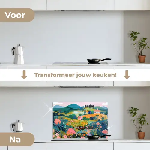 Heuvellandschap - Fantasierijk - Kleurcontrasten keuken achterwand spatscherm klein -voor_na_NL