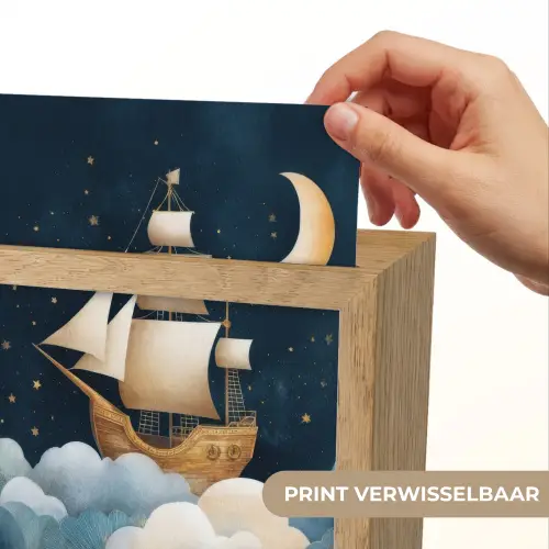 Zeilschip - Sterrenhemel - Wolken - Blauw Light Box met kabel (Kinderlampje) klein -USP_websiteprintNL