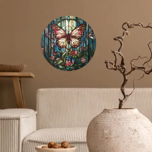 Vlinder - Roze - Bloemen - Bladeren Wandcirkel behangsticker klein -sfeer1