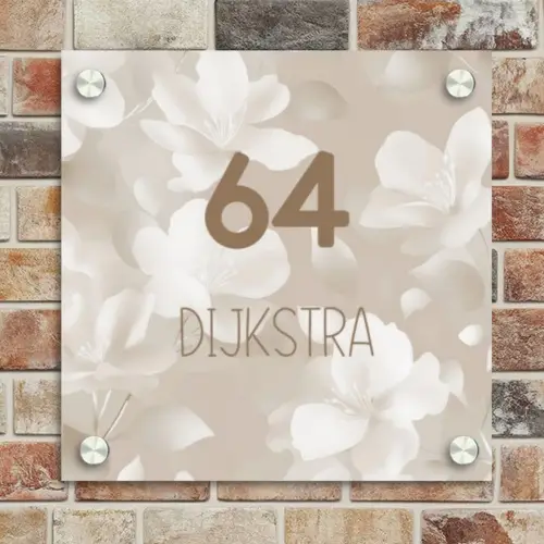 Beige bloemen - Modern Naambord Vierkant klein -sfeer2