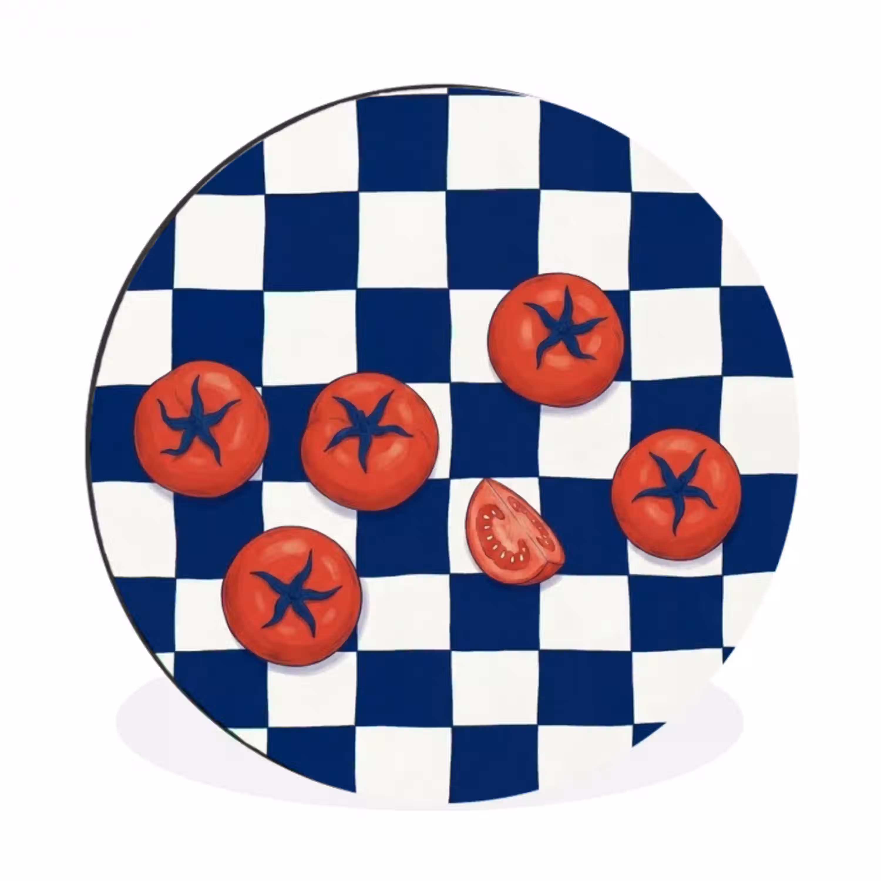 Eten - Tomaten - Keuken - Illustratie - Rood-Blauw Wandcirkel aluminium klein -3d