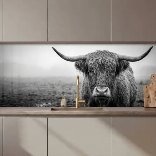 Schotse hooglander - Zwart - Wit - Gras keuken achterwand 2 middel zz_3dshopping