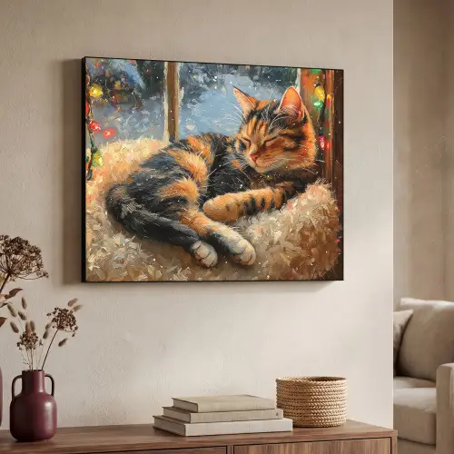 Kat - Kerst - Winter - Dier Textielframe zwart klein -sfeer3
