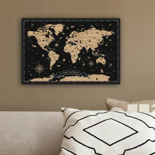 Wereldkaart - Beige - Zwart canvas 2cm klein -sfeer3