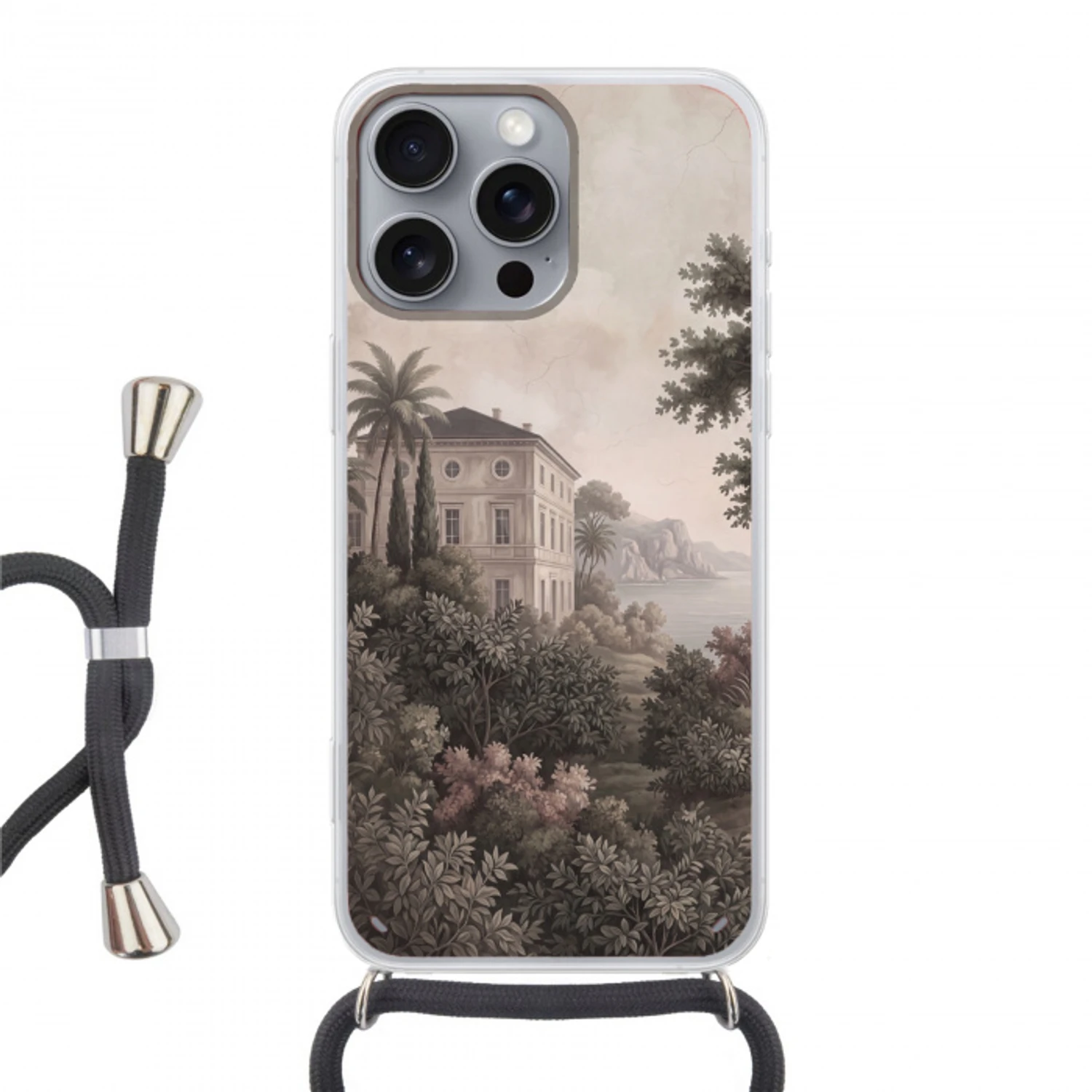 Zee - Villa - Beige Hoesje iPhone 16 Pro Max met koord klein -3d