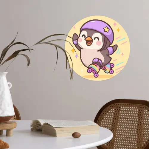 Pinguïn - Rolschaatsen - Geel - Energiek Wandcirkel behangsticker klein -sfeer3