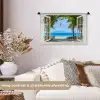 Doorkijk - Boom - Zee - Palmboom - Heuvels - Strand - Blauw Wandkleed katoen klein -sfeer1