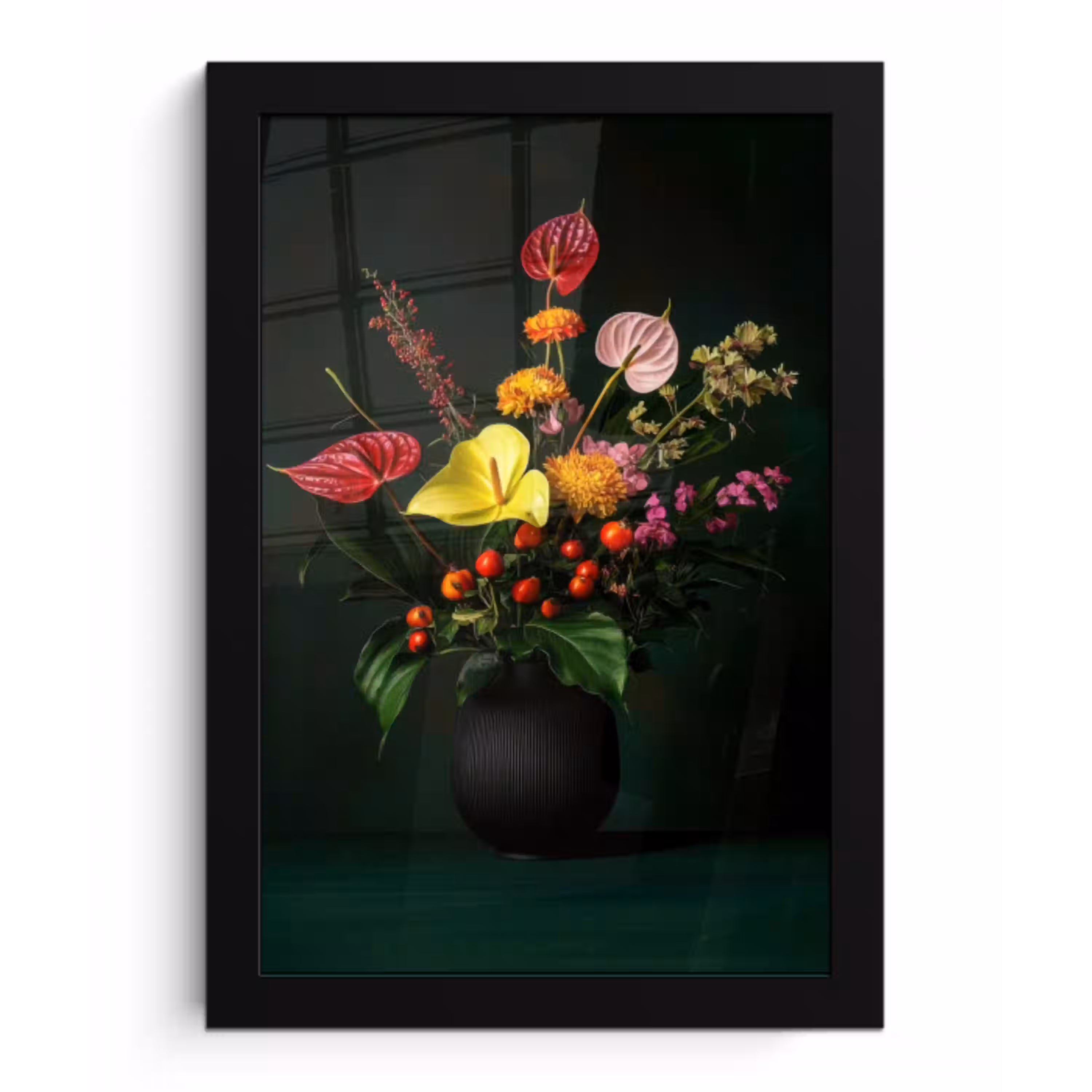 Bloemen - Vaas - Zwart fotolijst zwart zonder passe partout klein -3d