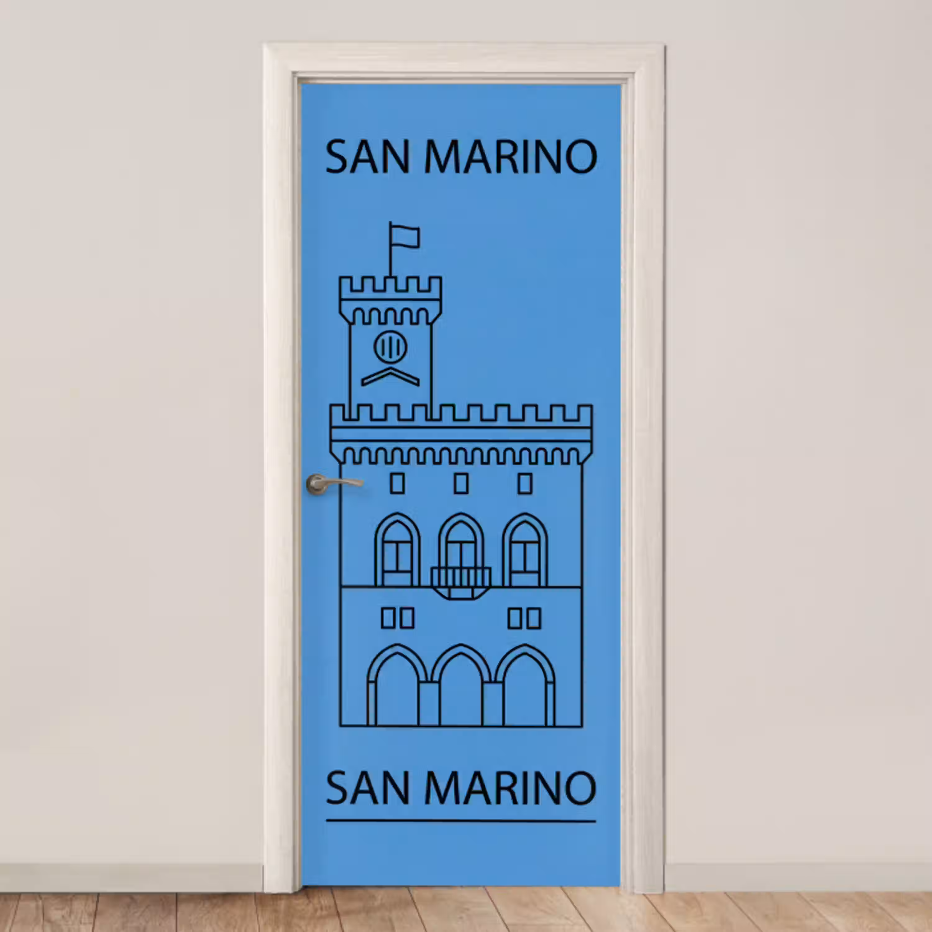 Gebouw - San Marino - Architectuur - Lijntekening - Blauw deurposter klein -3d_beige