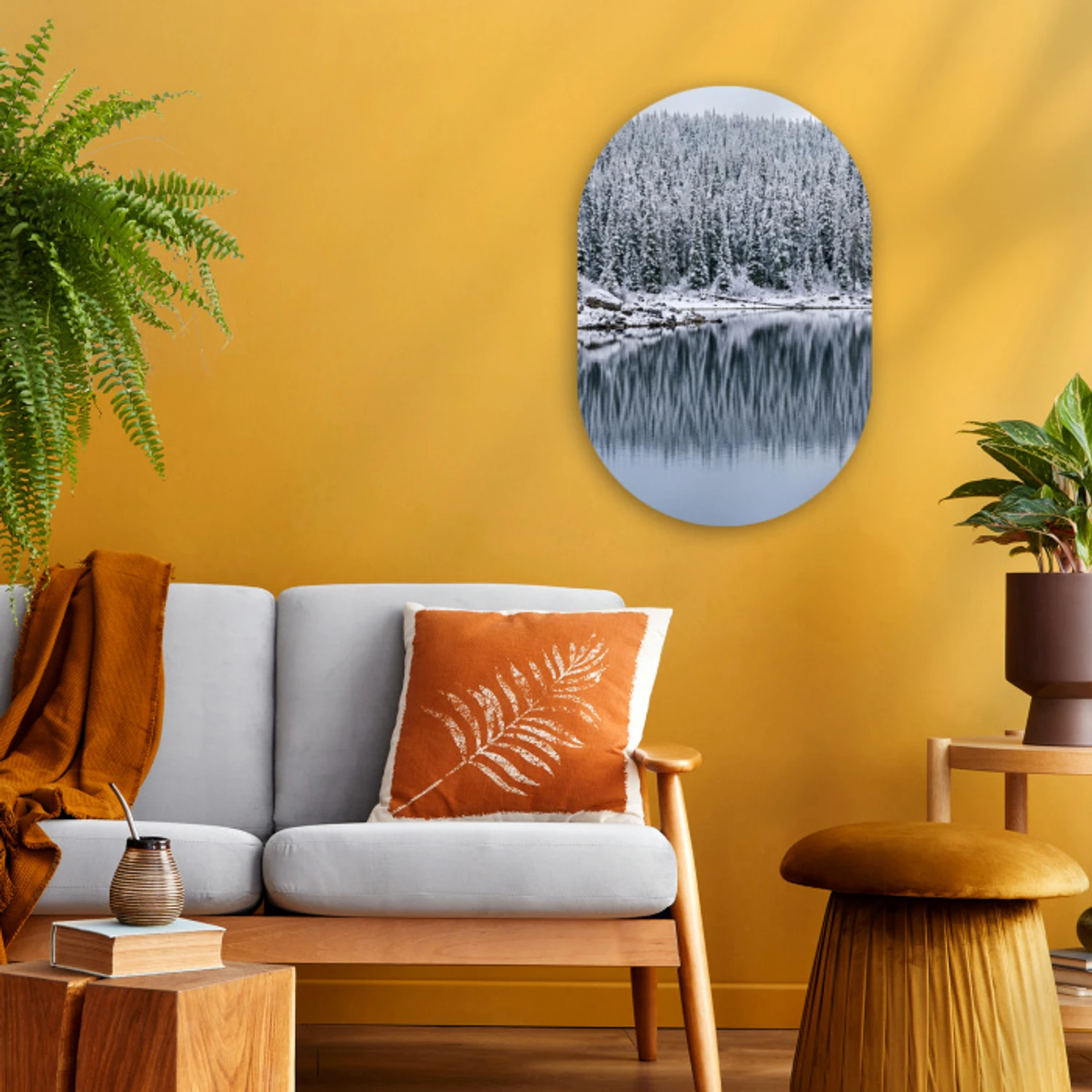 Bos - Reflectie - Meer - Winter - Serene Wandcirkel Ovaal Forex klein -sfeer4