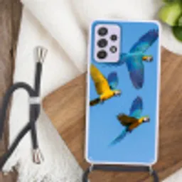 Papagaai - Vliegen - Blauw - Geel Hoesje Samsung Galaxy A52 5G met koord klein -sfeer4
