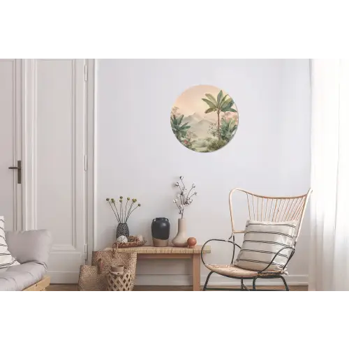 Tropisch landschap - palmbomen - Bloemen - Roze lucht Wandcirkel aluminium klein -woonkamer