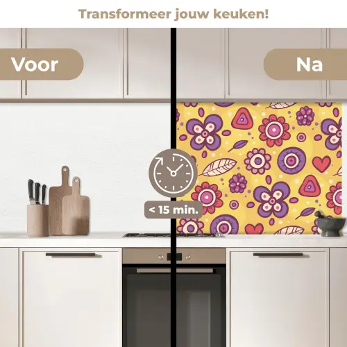 Patroon - Bloemen - Paars - Oranje keuken achterwand 2 middel 871 -voor-na2_NL