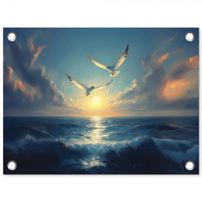 Meeuwen - Zee - Wolken -Blauw tuinposter los doek klein -3d